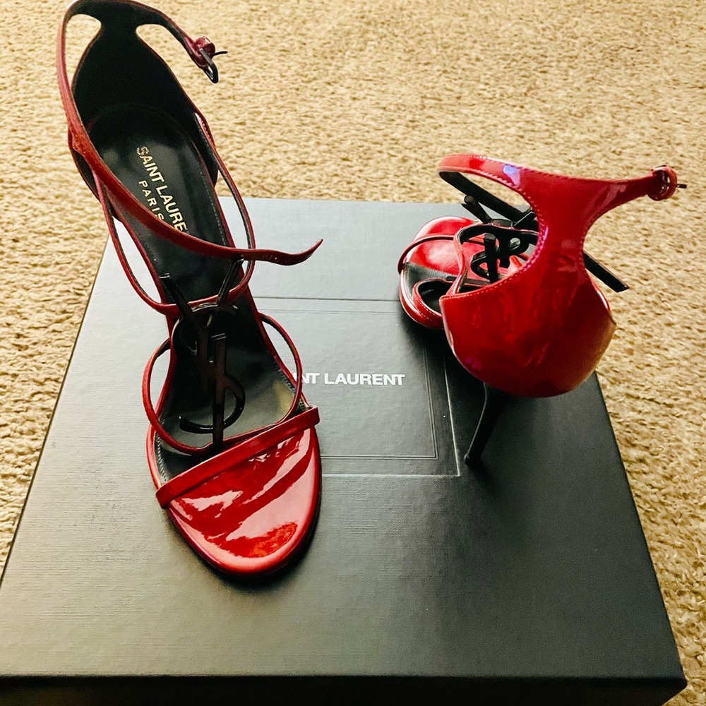Yves Saint Laurent Red Patent Leather Strappy Heels - Picture 4 of 16